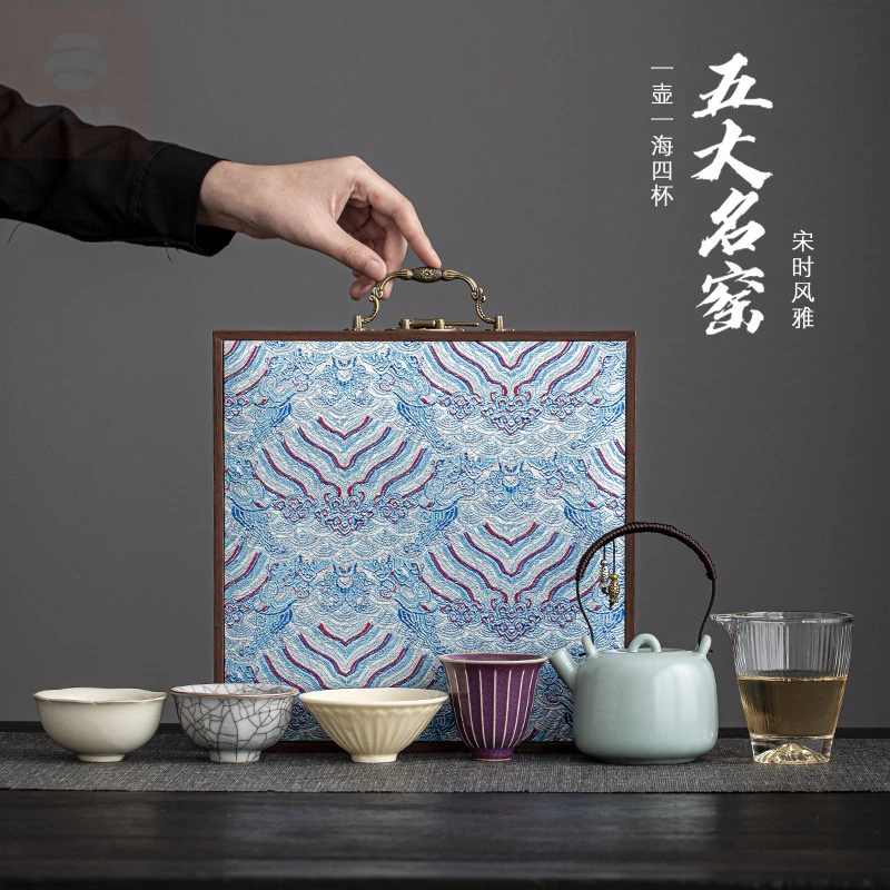 新款五大名窑茶杯茶具茶盏高档礼盒家用品茗杯主人杯提梁壶伴手礼