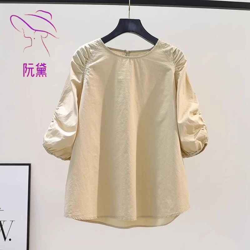 阮黛2025年夏季褶皱泡泡袖时尚显瘦衬衫女圆领宽松洋气小衫上衣