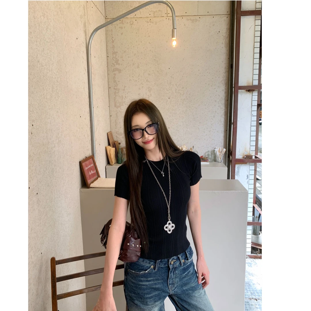 jennie同款冰麻圆领针织短袖上衣女修身显瘦T恤A1225