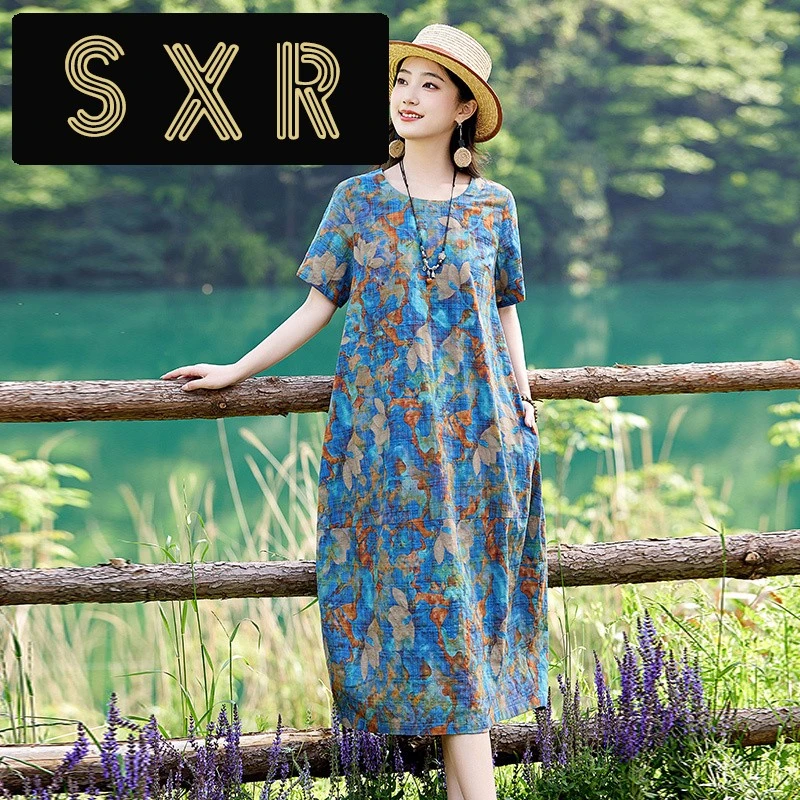 小清新复古棉麻碎花连衣裙女2024夏季新款中年妈妈宽松遮肚直筒裙