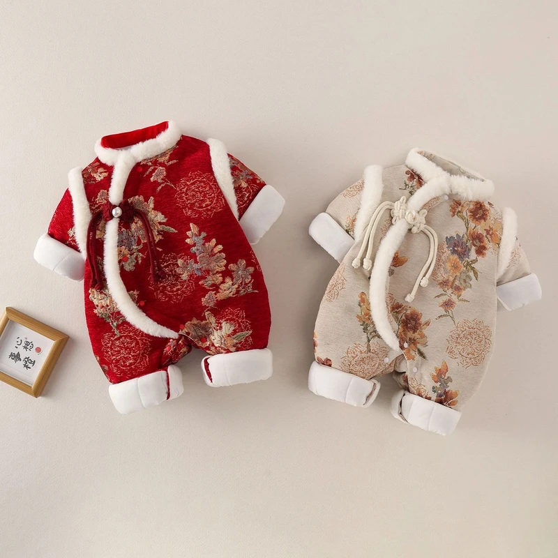 婴幼儿宝宝加棉加厚400克棉冬季连体拜年服中国风