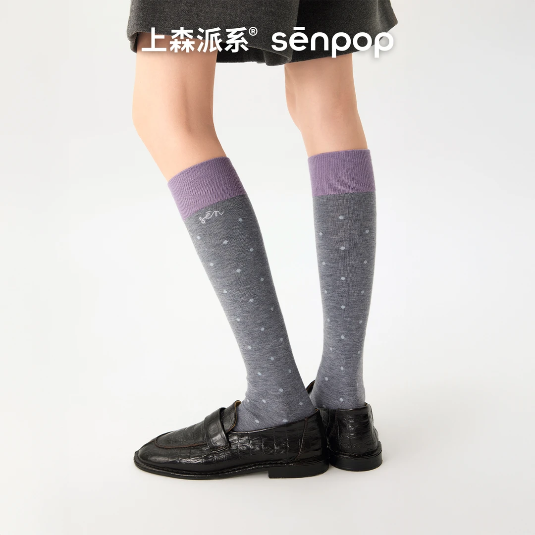上森波点羊毛小腿袜秋冬款袜子撞色拼接长袜黑色长筒袜复古堆堆袜