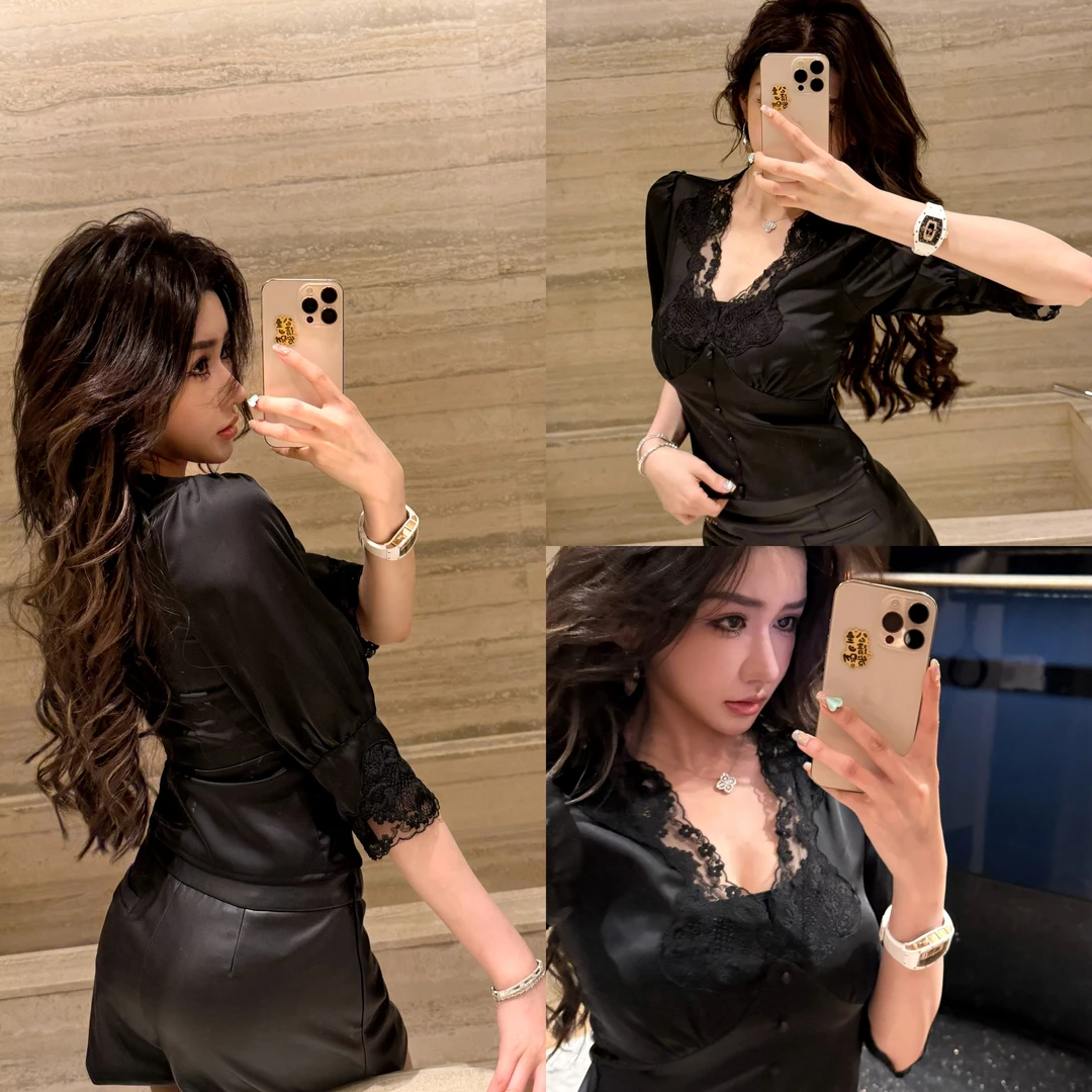 黑色性感蕾丝接拼v领缎面衬衫