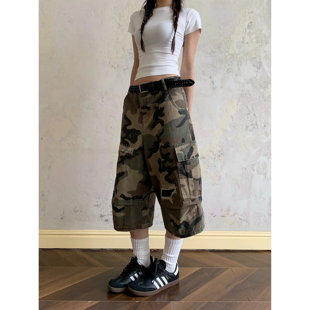 夏季美式复古补丁破洞迷彩七分裤男女宽松高级休闲直筒短裤潮