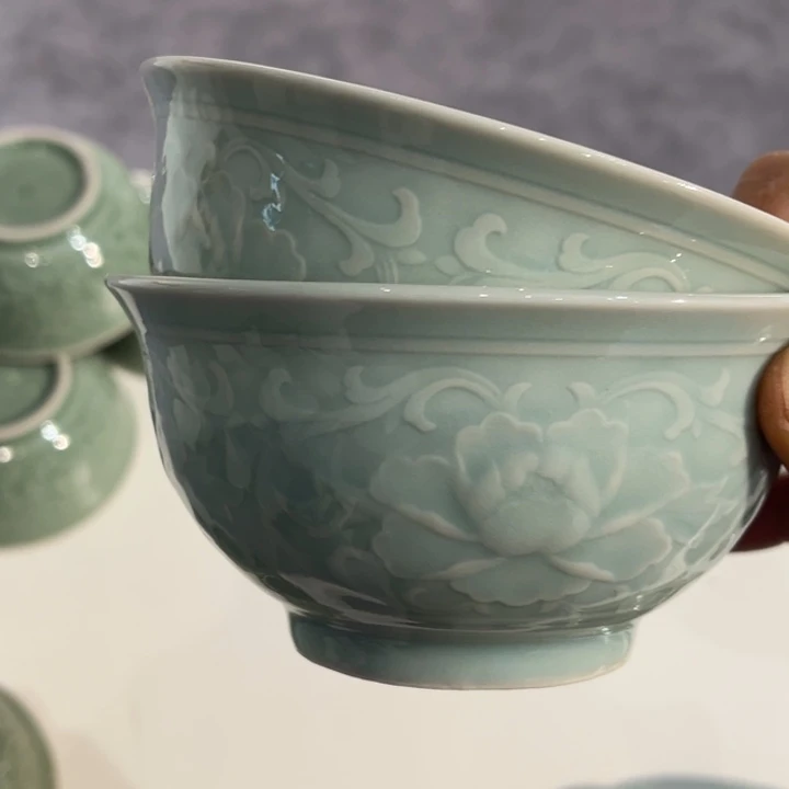 微瑕天青色 4.7 英寸牡丹碗 2 只