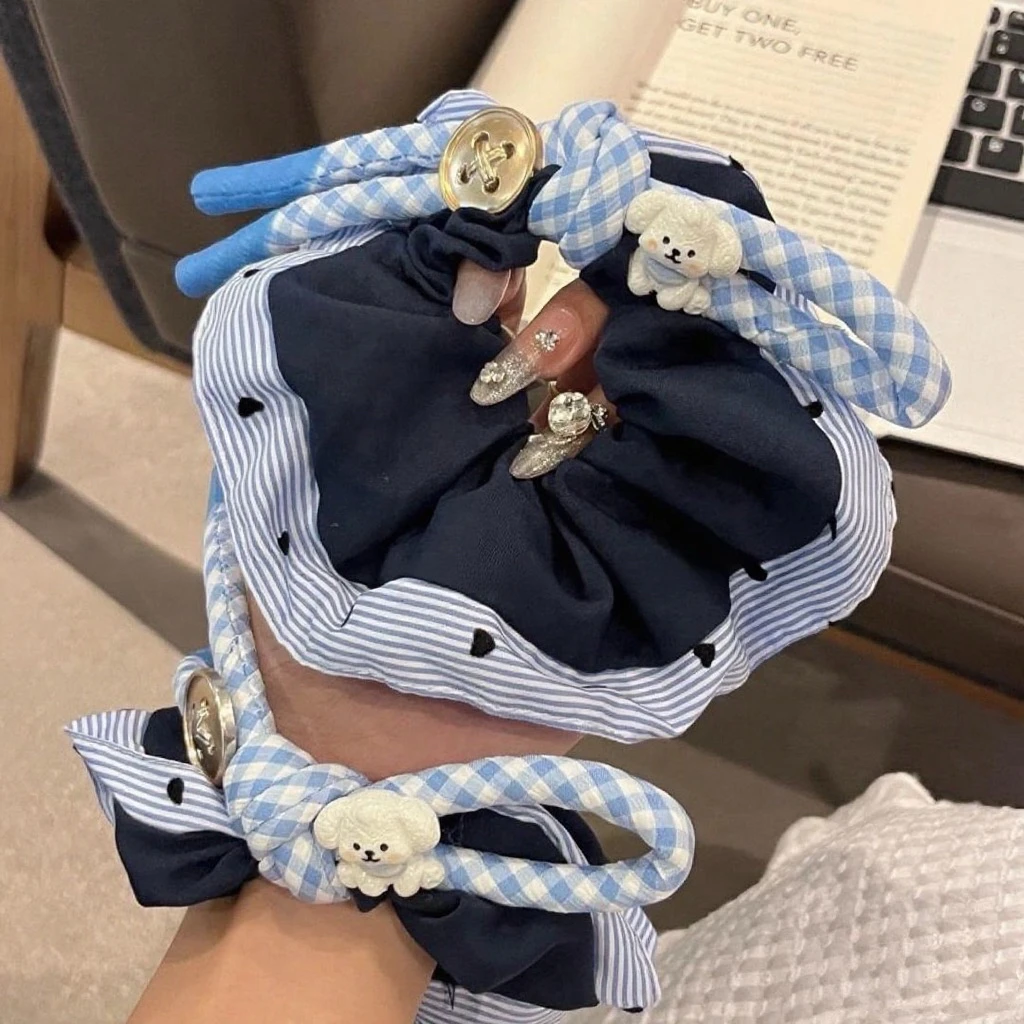 可爱小狗蓝格纹蝴蝶结发圈品质藏青布艺肠圈发绳2025新款百搭头绳