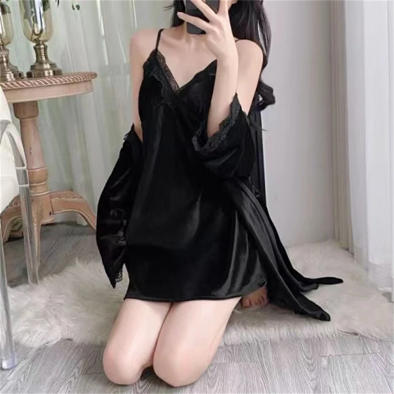 金丝绒睡衣女秋冬季长袖吊带睡裙睡袍两件套装外穿性感蕾丝家居服