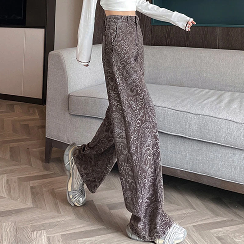 春秋季新款时尚复古高腰提花大码显瘦牛仔裤花色洋气长裤女