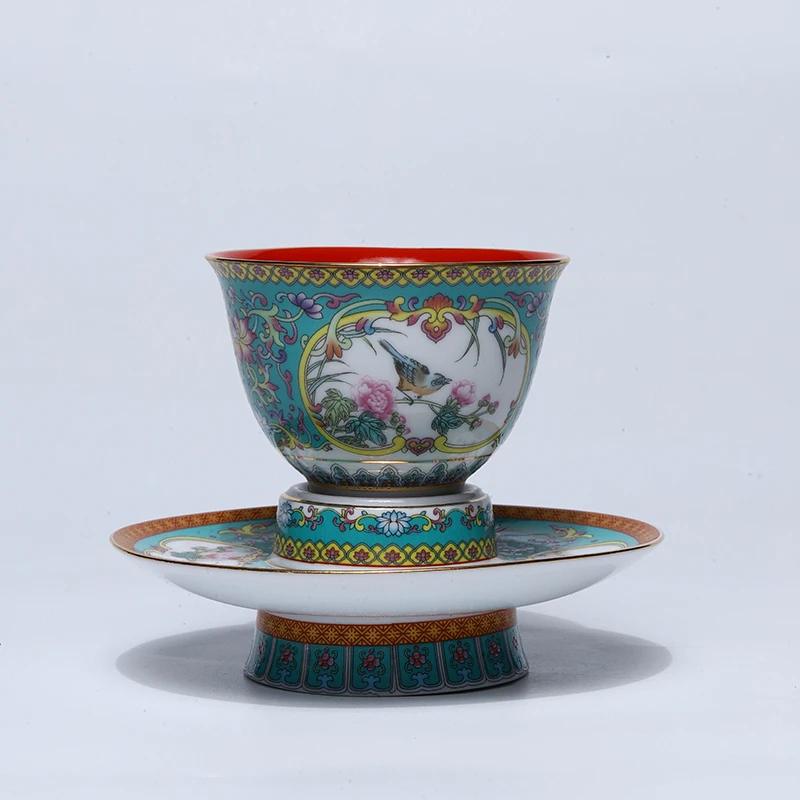 【非遗茶空间】珐琅彩缠枝莲开窗海蓝花鸟四季个人杯 中式茶具茶器