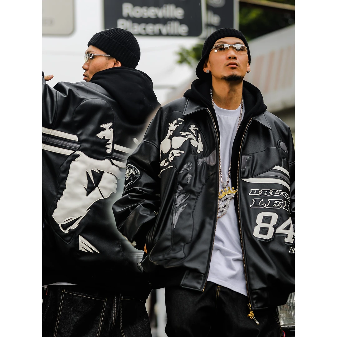 Acusa李小龙万针刺绣拼皮重磅工艺PU皮衣夹克外套秋冬加厚宽松肥