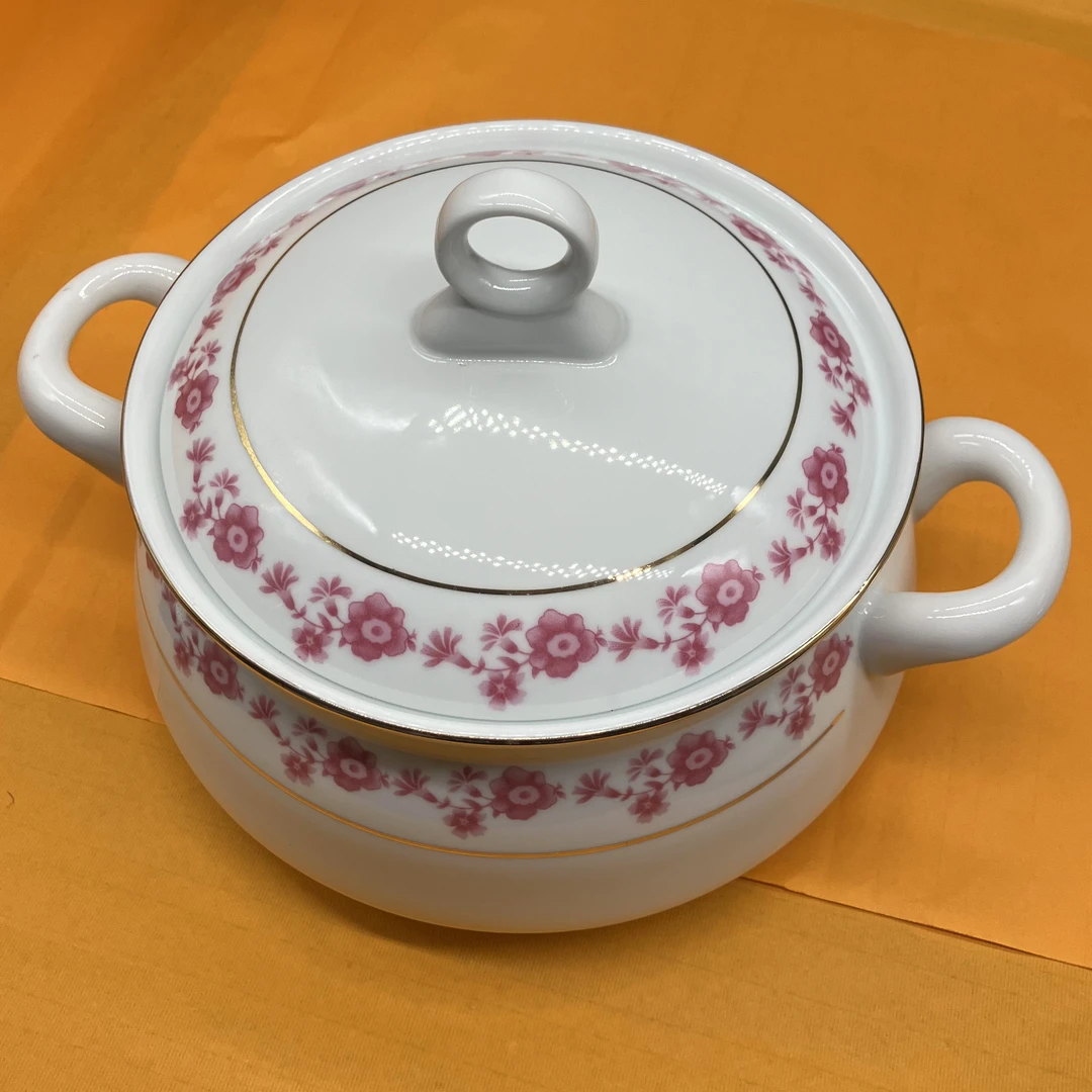 景德镇陶瓷双耳带盖品锅汤锅高温瓷小红花