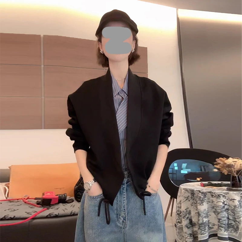 韩系设计感无扣抽绳外套女2025春秋新款时尚百搭宽松显瘦开衫上衣