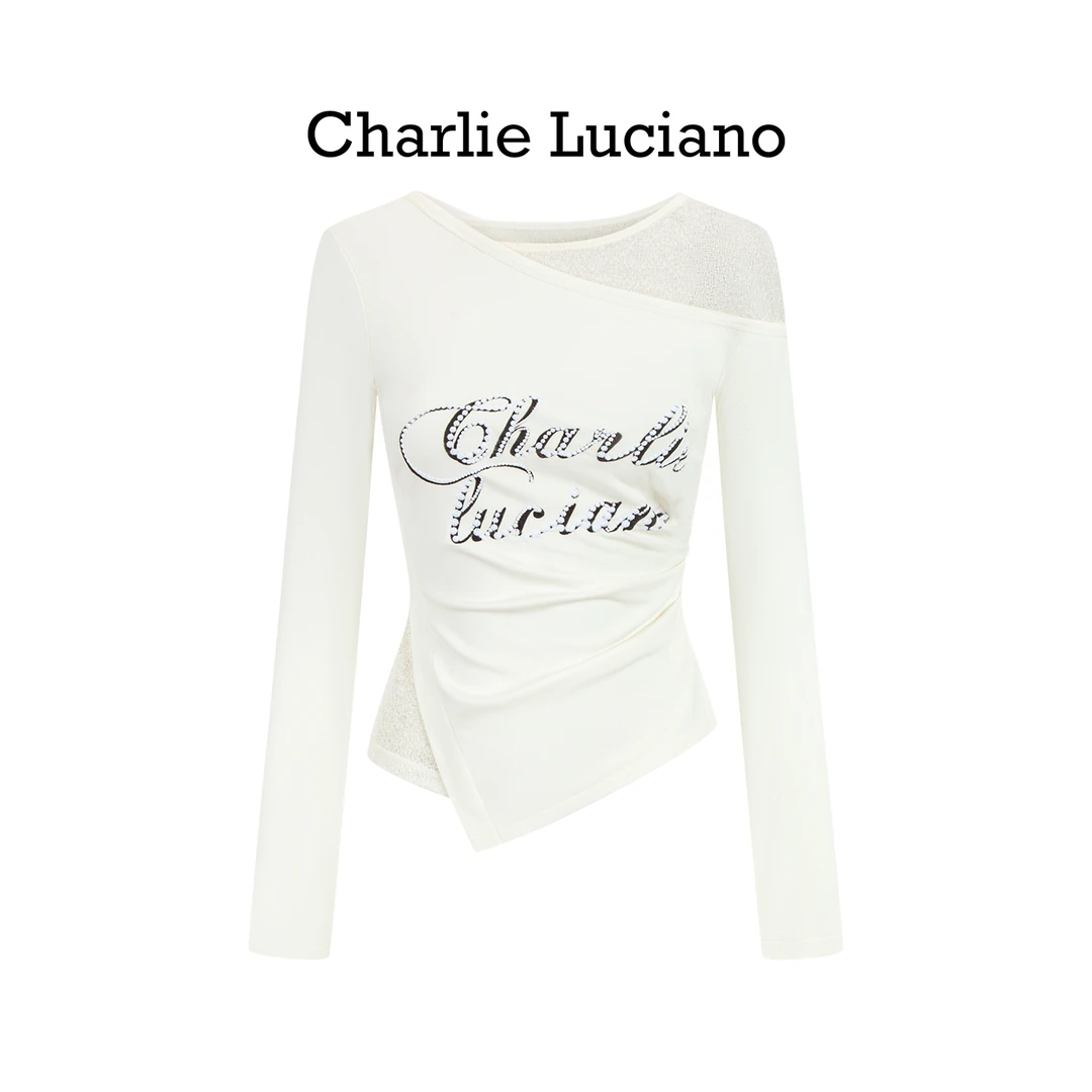 Charlie Luciano斜肩假两件打底衫 米白