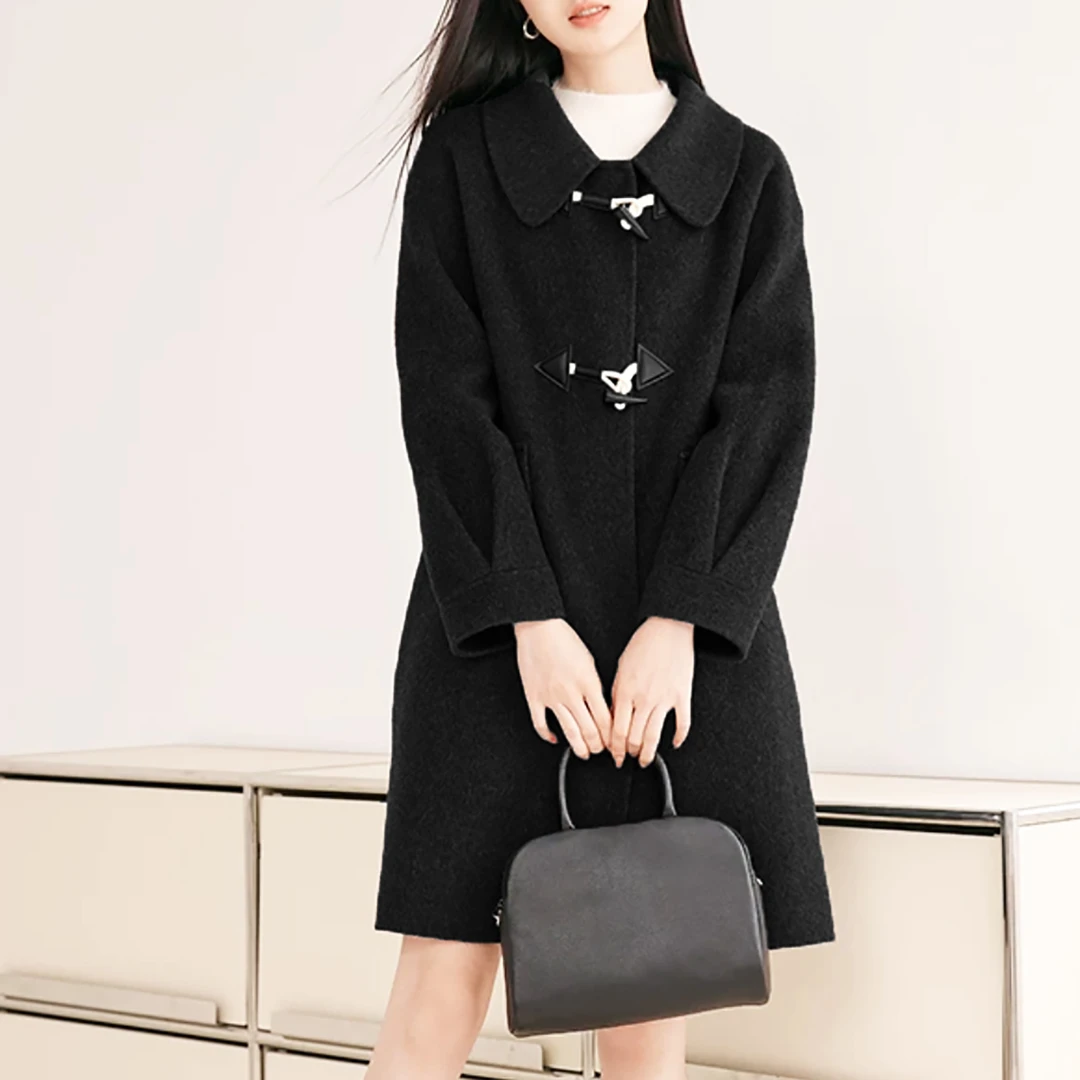 ！女士秋冬季牛角扣中长款翻领毛呢外套E537