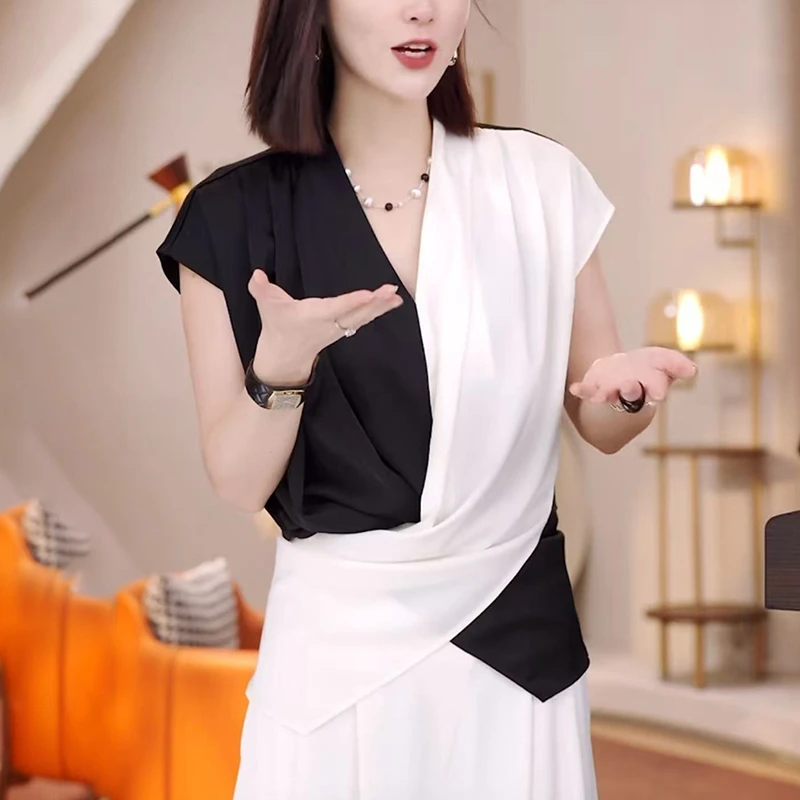 设计感不规则短袖衬衫女2025宽松时尚显瘦减龄独特别致超漂亮上衣