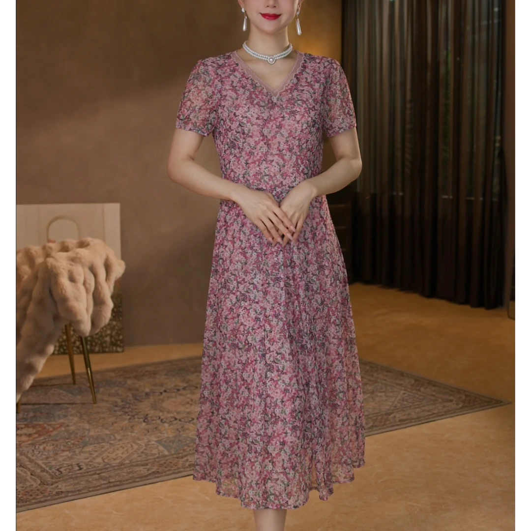 【香妮芬】83318高档弹力台湾纱妈妈连衣裙女夏季新款显瘦大码气质