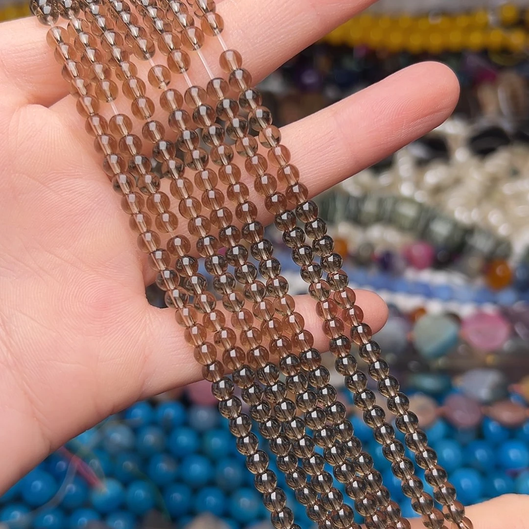 玛瑙/玉髓合金珠宝半成品V625。4.3mm茶晶圆珠三条