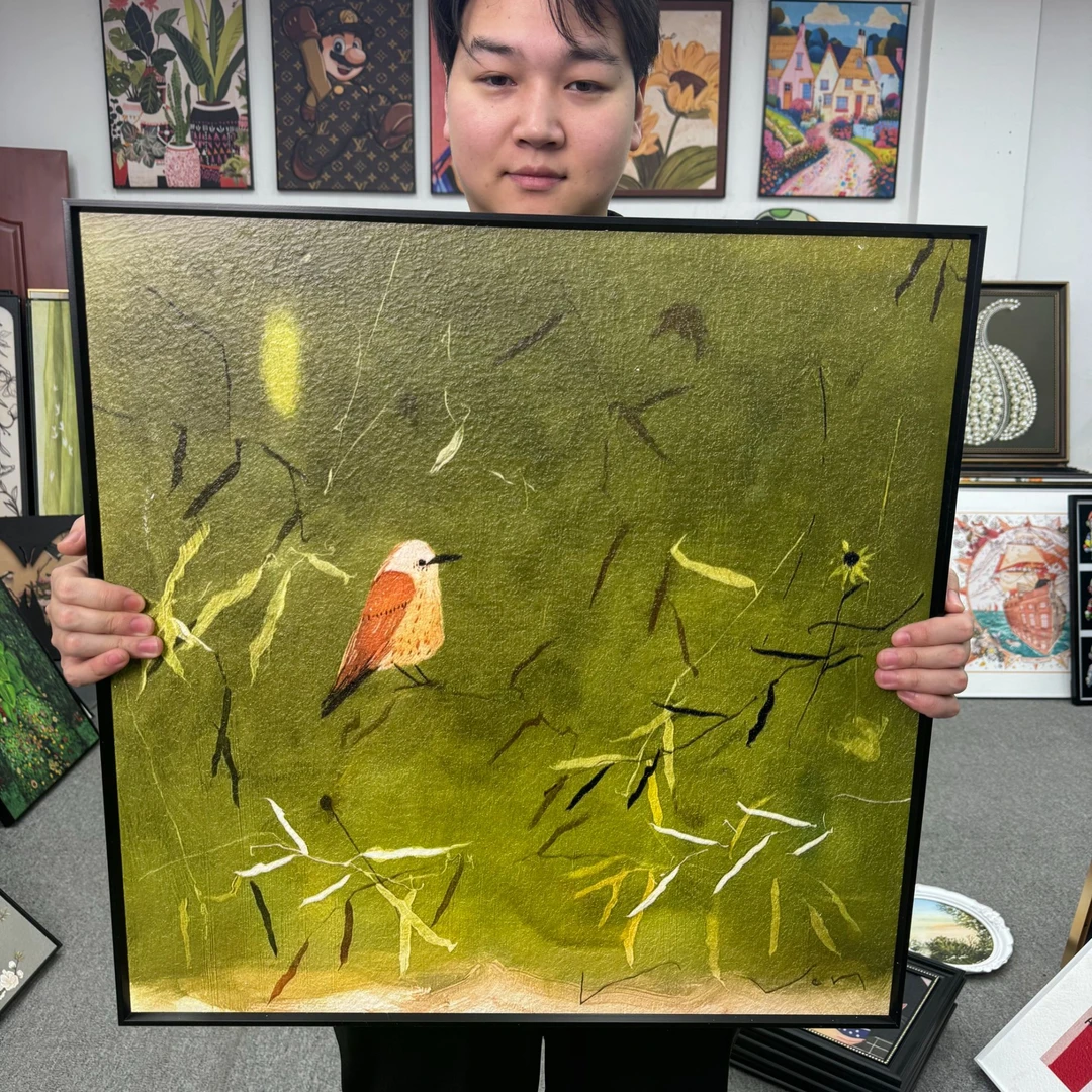 法式现代复古绿色雀上枝头卧室装饰画餐厅挂画小众装饰画6060