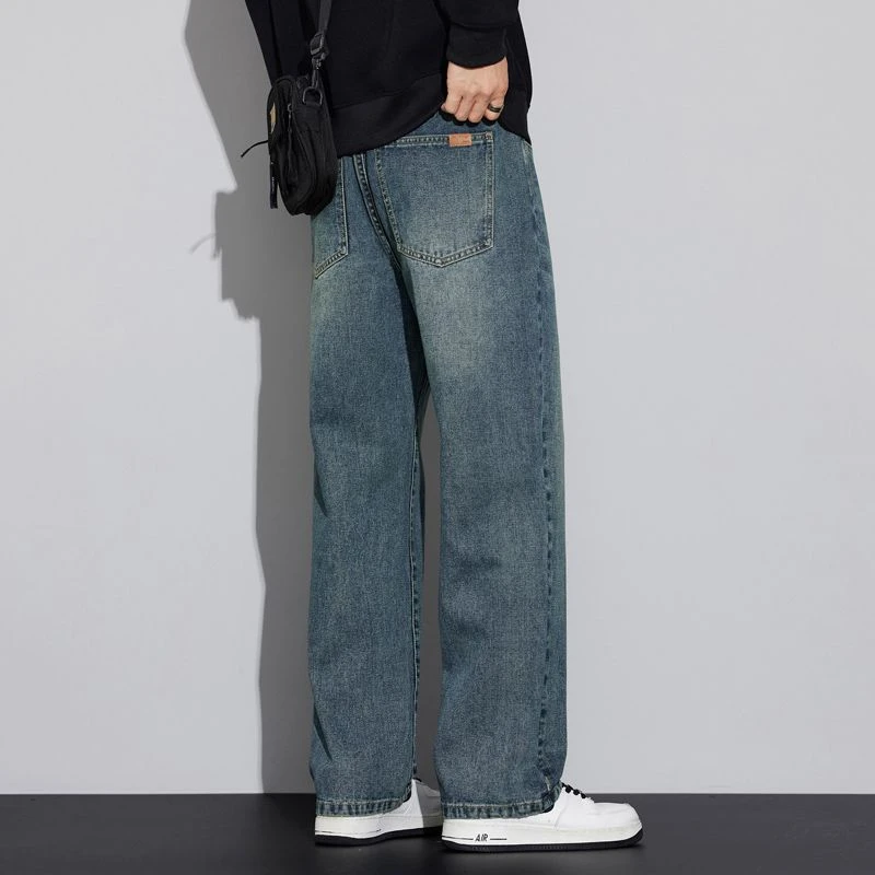 稻草人美式高街牛仔裤男秋冬新款复古做旧潮牌痞帅直筒宽松休闲裤