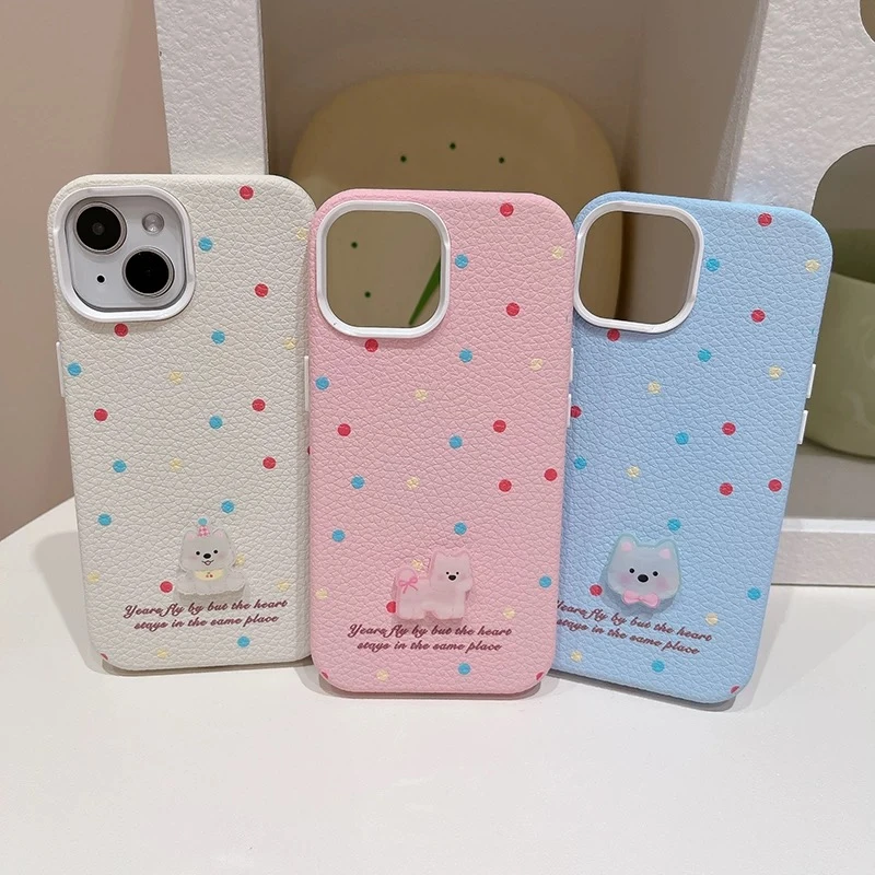 可爱波点小狗适用苹果15promax手机壳小众iPhone16Pro全包防摔