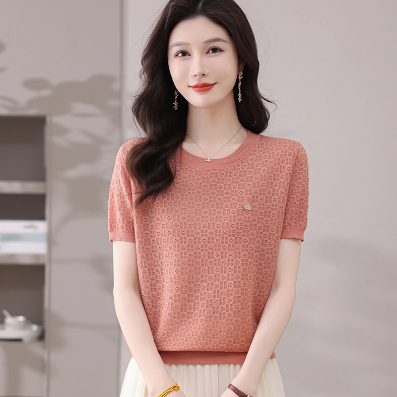 夏季新款桑蚕丝圆领薄款短袖T恤女士宽松短款高级感气质显瘦上衣