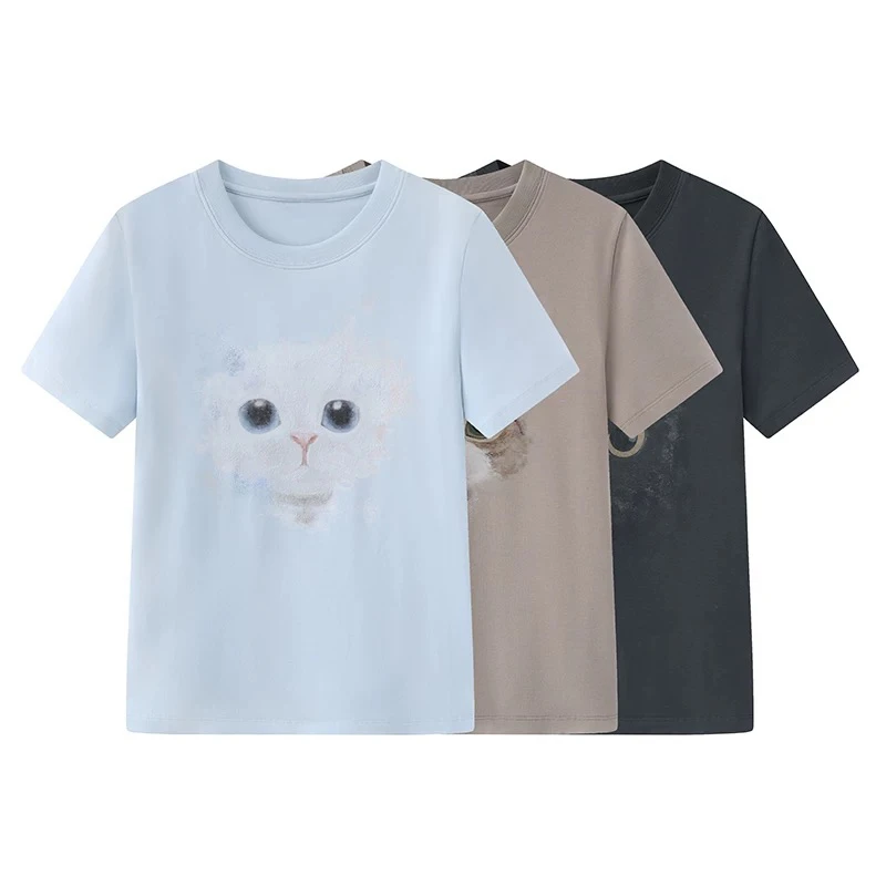 【T恤】短袖2025夏季新款时尚简约植绒印花猫咪三色休闲上衣女A5916