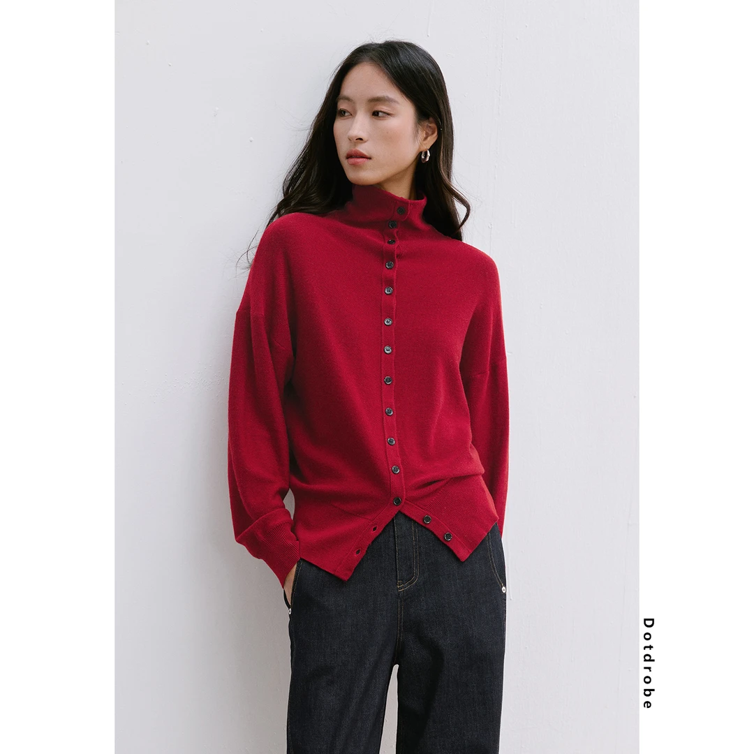 DotDrobe/多着节日限定羊毛混纺撞色门襟排扣高领针织开衫女秋冬
