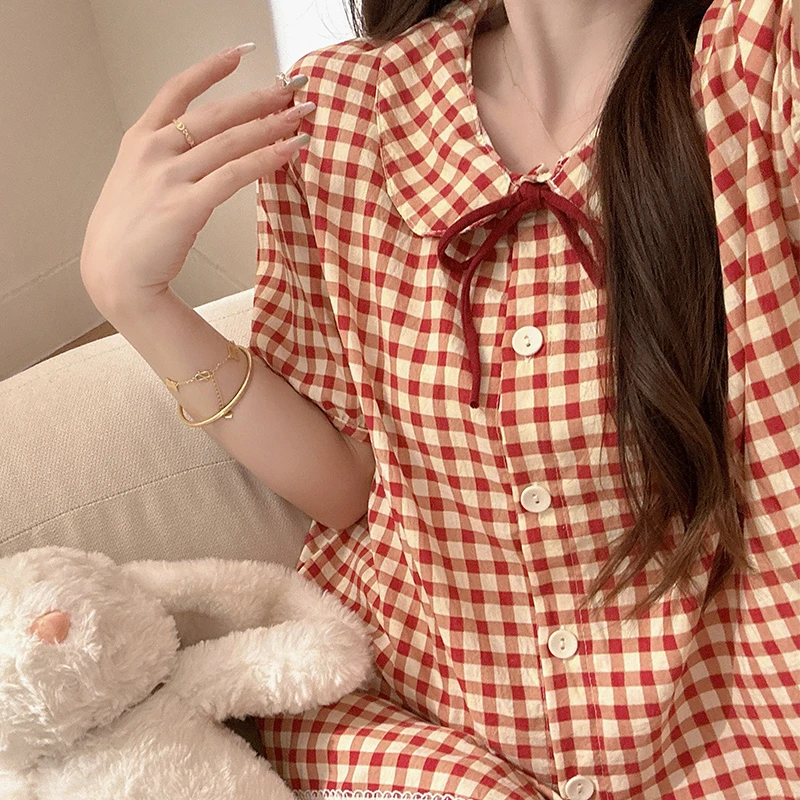 高级红格子睡衣女夏季2025新款春秋开衫甜美少女可外穿家居服套装