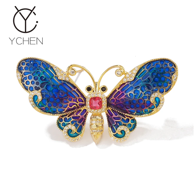 铜合金胸针 珐琅彩蓝色蝴蝶胸针高档女精致别针复古胸花配饰