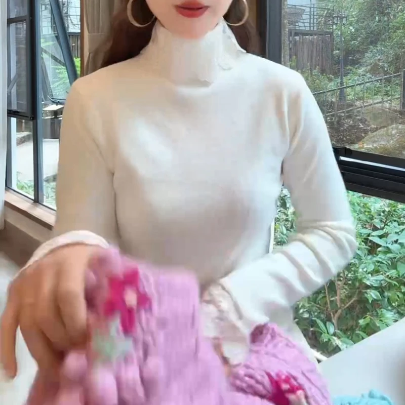 秋冬新款半高领拼接蕾丝设计内搭毛针织打底衫LK2507470