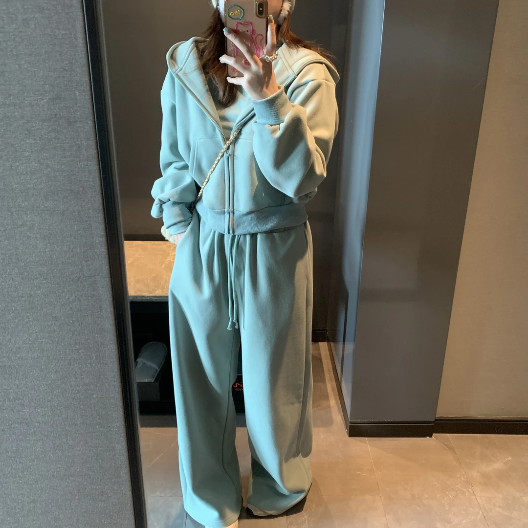 2025新款时尚套装纯色简约连帽卫衣外套阔腿裤秋冬休闲运动套装