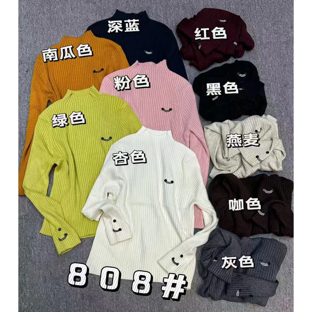 韩系常规款纽扣刺绣笑脸半高领针织毛衣