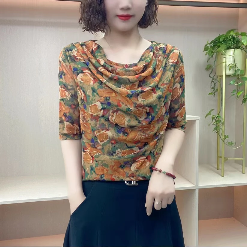 2025夏季女士新款堆堆领时尚气质洋气玫瑰花印花百搭中袖T恤881