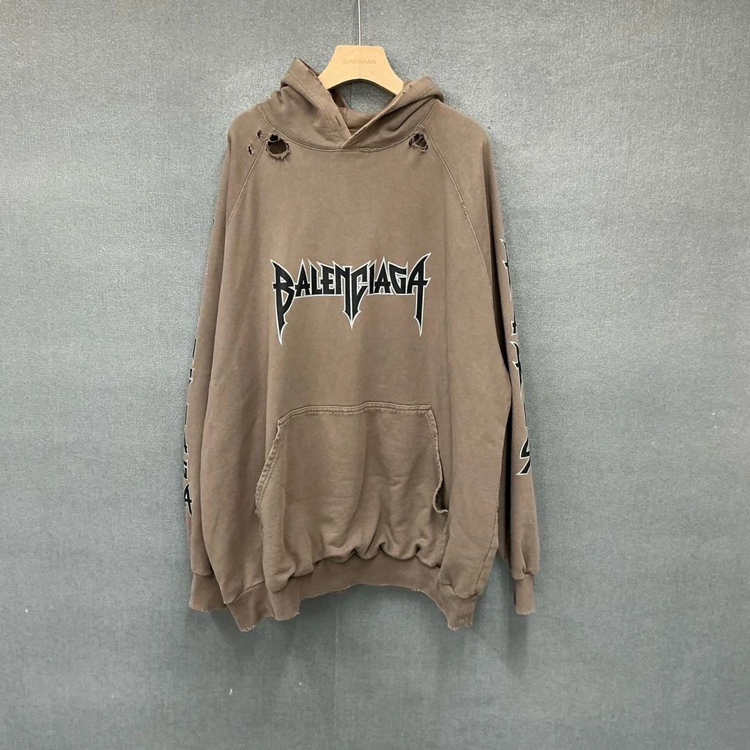 95新 Balenciaga/巴黎世家 闪电裂纹印花破坏帽衫卫衣1码 8188