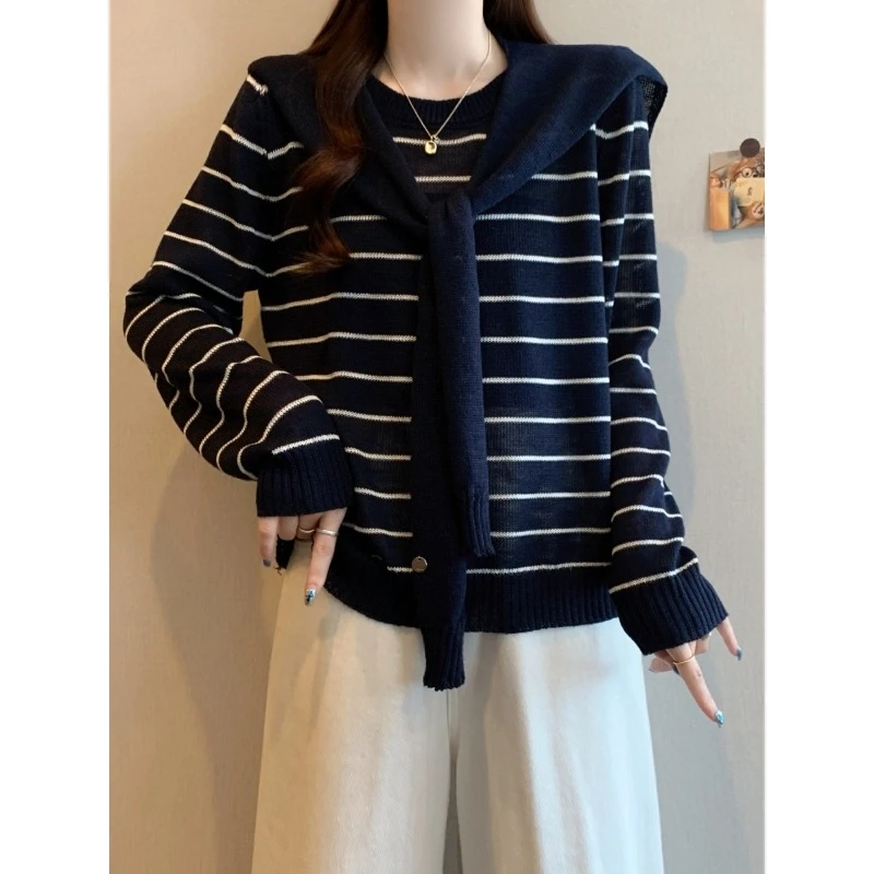2025年秋冬新款撞色披肩条纹长袖上衣女韩系时尚网红洋气炸街女装