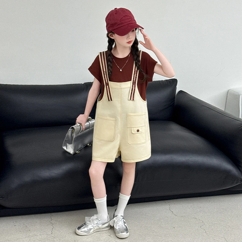 女童背带裤套装儿童夏装吊带短裤休闲两件套韩版洋气女孩网红短袖