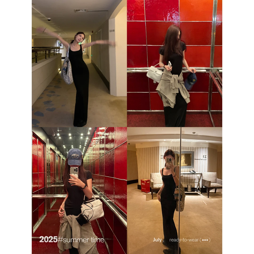 SUNONEONE 天丝修身连衣裙女夏季显瘦方领长裙套头无袖裙子H1213Q