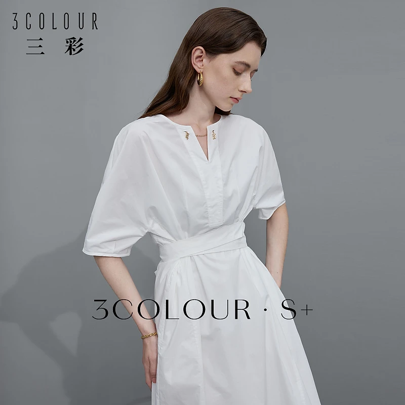 3121-【D392F3005L10】三彩2024夏季新款小白裙V领宽松连dbq