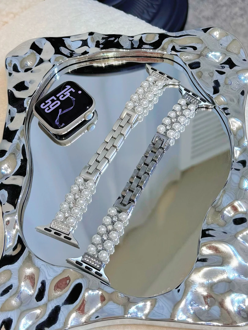 适用iwatch11双排珍珠链表带小米10红米6小香风珍珠链条轻奢表带