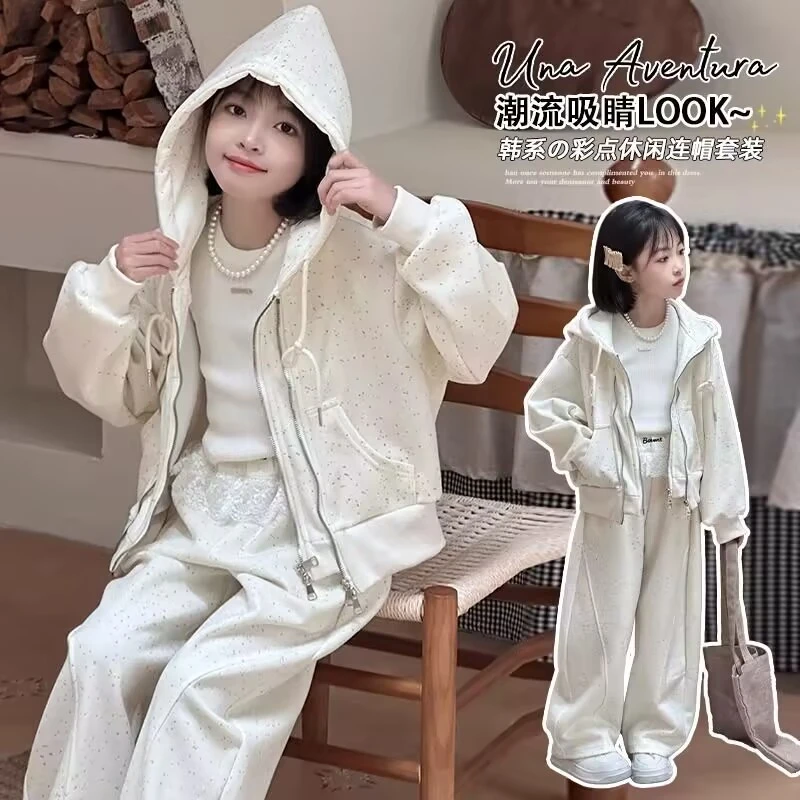 女童春季运动套装2025新款中大童韩版修身外套休闲蕾丝边直筒裤潮