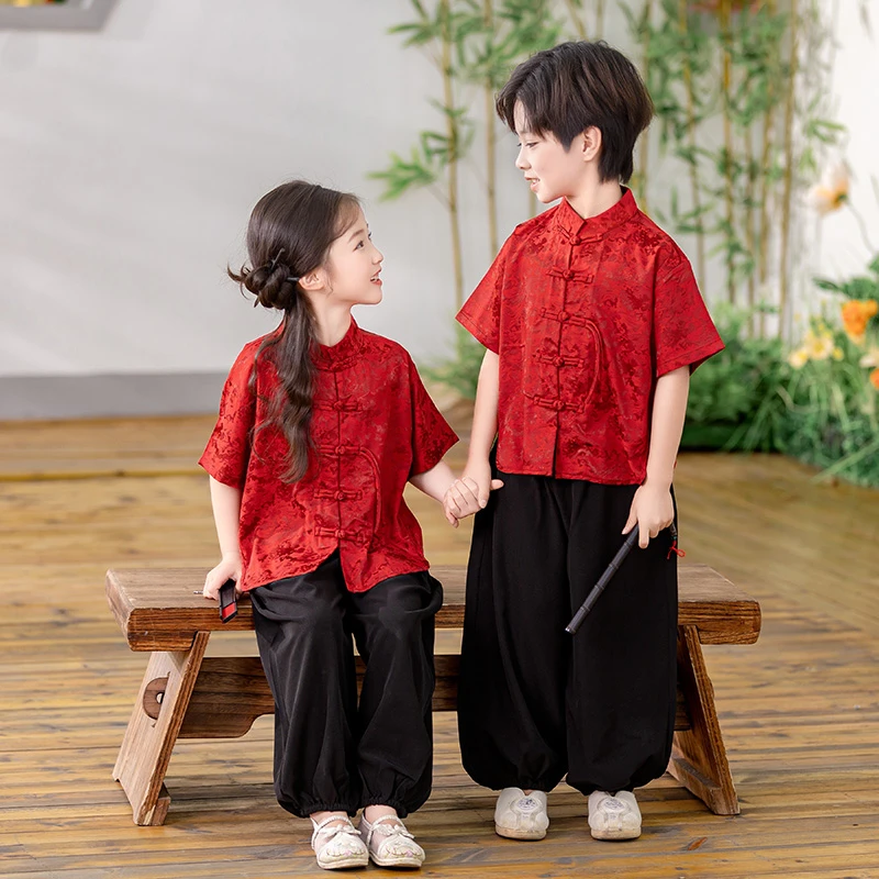 儿童唐装夏季新中式套装男童汉服女童国学班服中国风幼儿园演出服