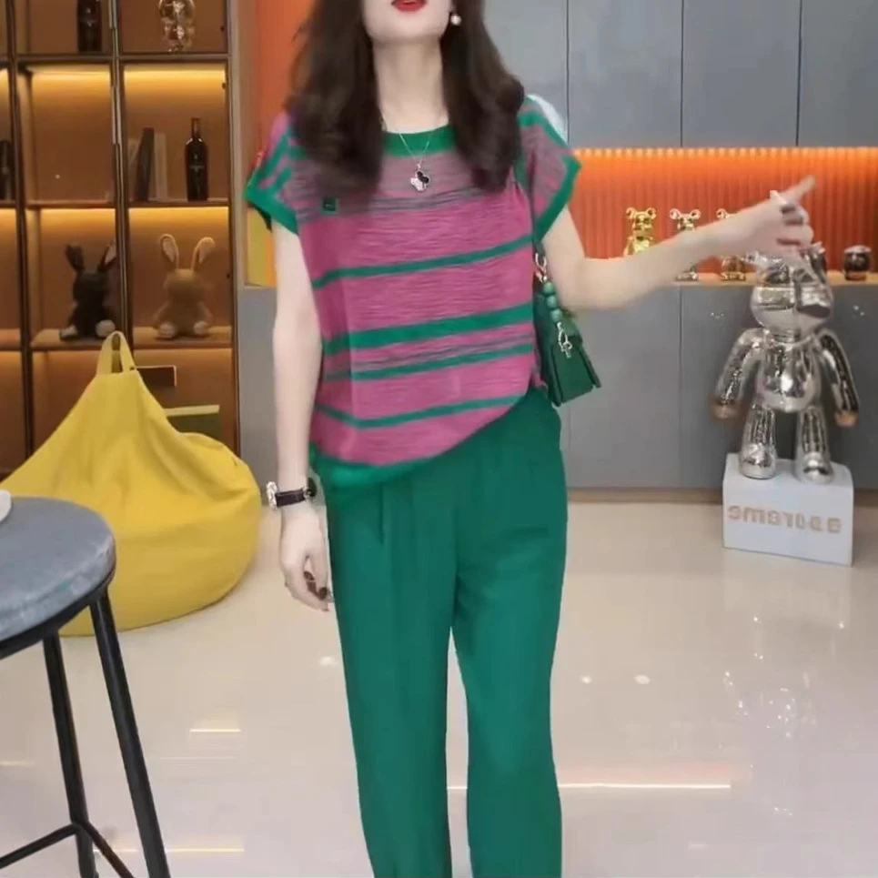 今年流行时尚休闲套装女夏小个子洋气减龄微胖显瘦T恤直筒裤两件