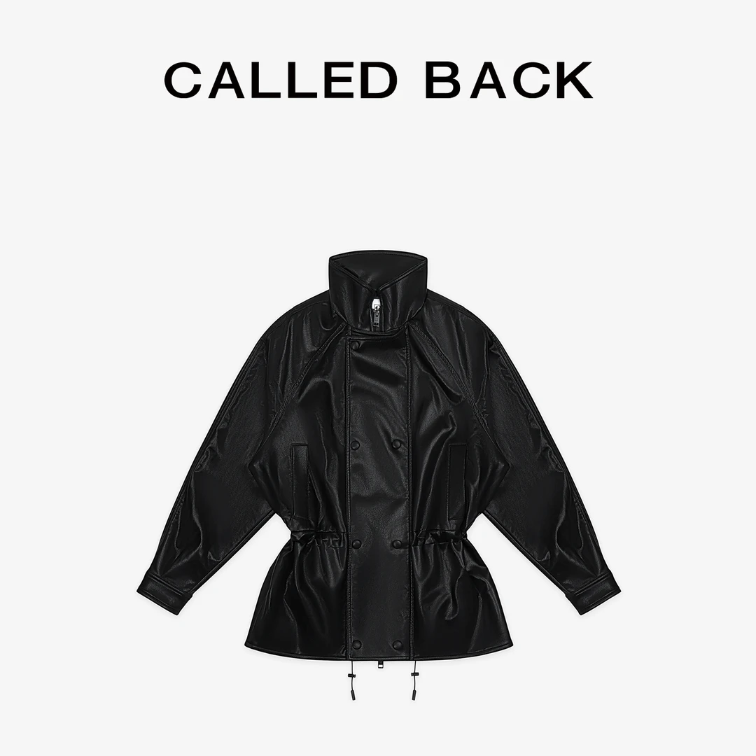 CALLED BACK秋季新款气质百搭收腰立领宽松皮衣外套黑色