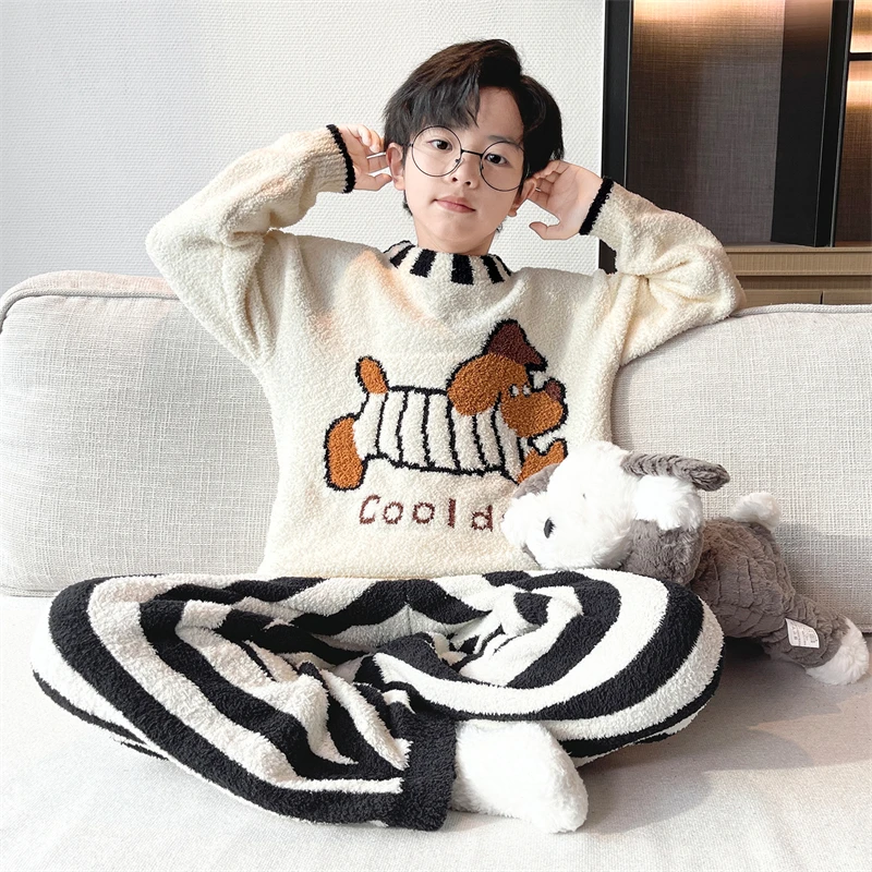 儿童装男童睡衣冬季家居服大童加厚珊瑚绒男孩秋冬款加绒法兰绒潮