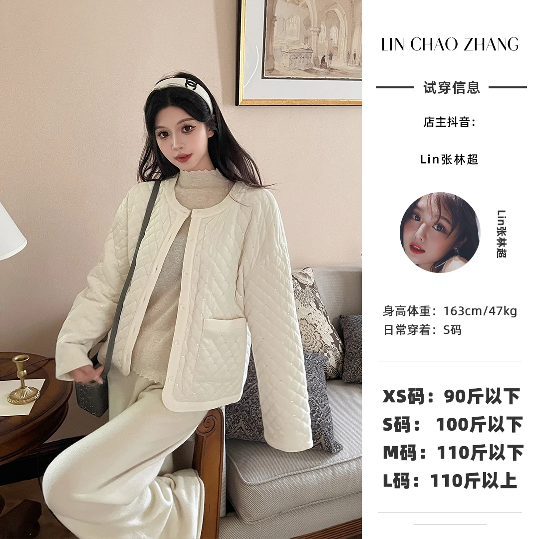 LW240500 菱形格小香刺绣珠片棉服