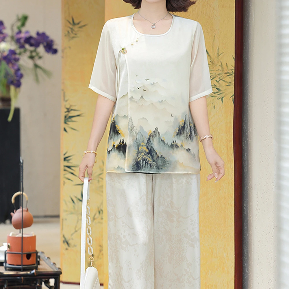 【白雪.荐选】香云纱桑蚕丝山水画圆领设计款宽松百搭套装C511