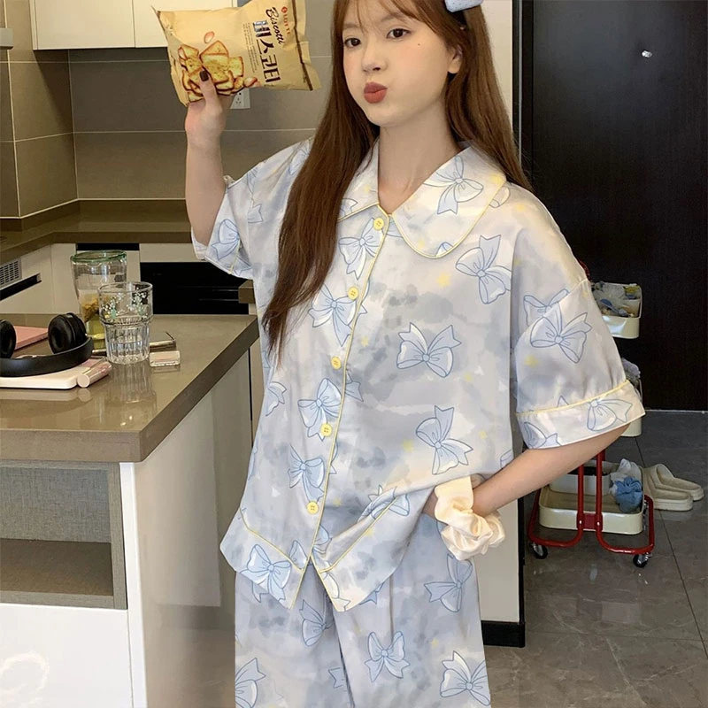 ins风天空蓝蝴蝶结睡衣女夏季甜美短袖开衫韩版休闲高级感家居服