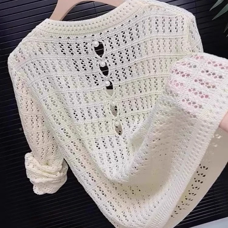 钩花镂空纯色法式慵懒风长袖春夏新款针织衫显瘦通勤宽松洋气上衣