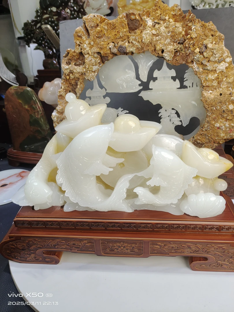 ＂ 年年有余＂天然伊朗白玉摆件客厅玄关乔迁新居开业礼物装饰品