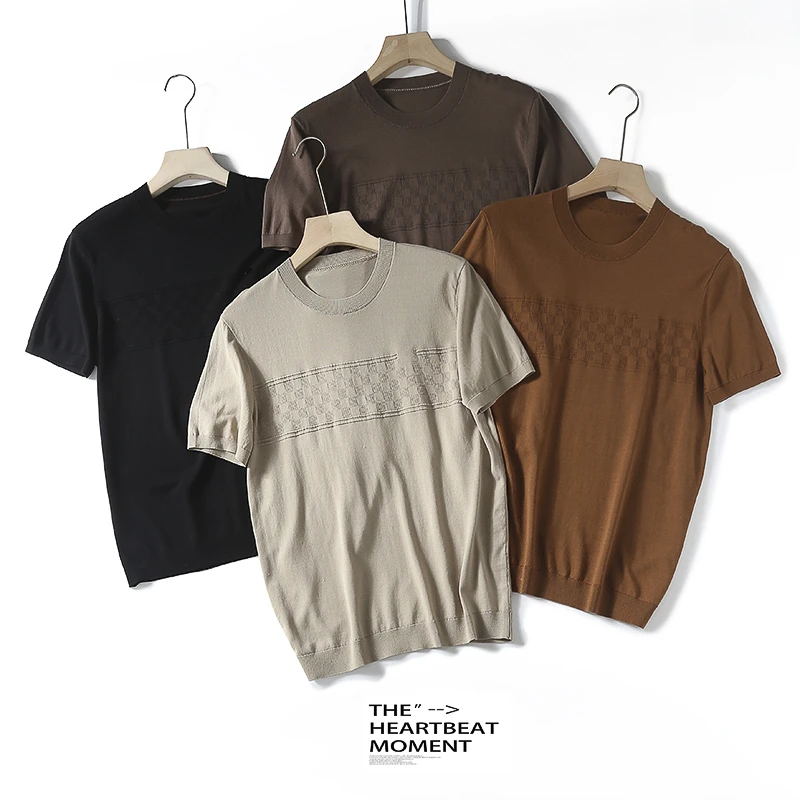 特！含桑蚕丝！80支莱赛尔棉绢！棋盘提花短袖针织T恤 F123 男H6051